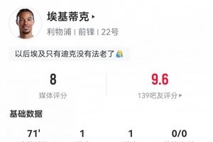 完美英超首秀!埃基蒂克数据:传射建功,2次关键传球,评分8.0