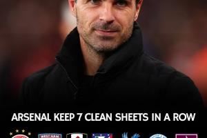  稳！阿森纳完成连续7场零封，同时打进14球