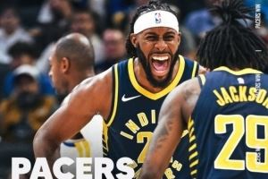  逆转勇士！步行者发布赢球海报：两个杰克逊怒吼庆祝成为封面